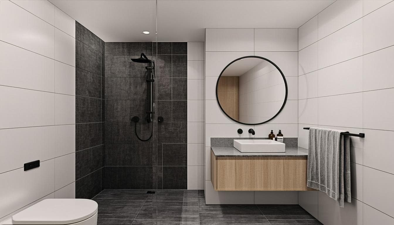 The same bathroom fully rebuilt with a walk-in glass shower, charcoal tiles, floating vanity and matte black fixtures