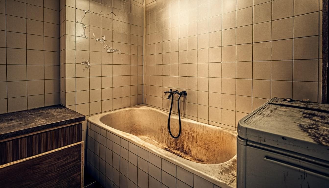 Dated 1990s bathroom with cracked beige tiles, yellowed bathtub and mouldy grout before renovation
