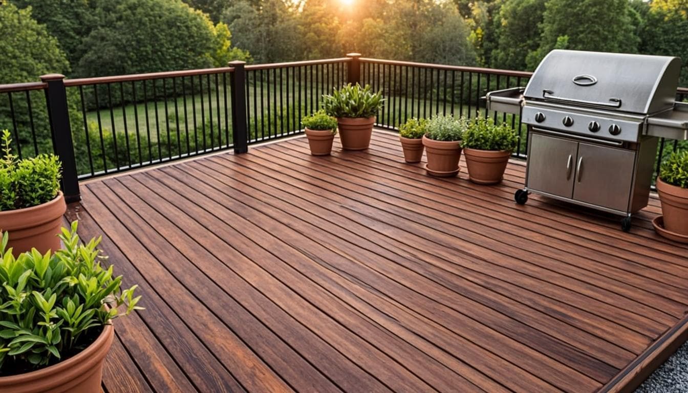 The same garden deck rebuilt in rich meranti hardwood with a new black-baluster railing at golden hour