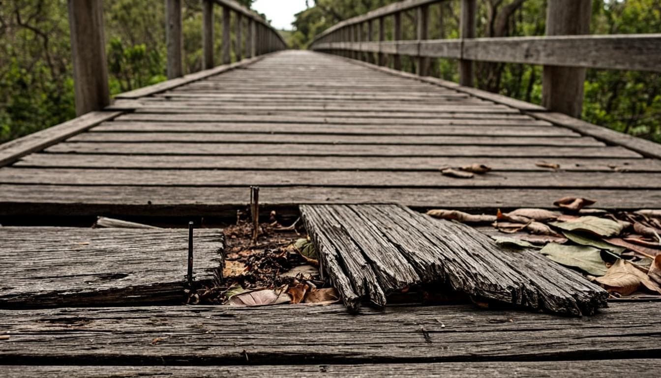 Old weathered garden deck with grey splintered planks, missing boards and a wobbly railing