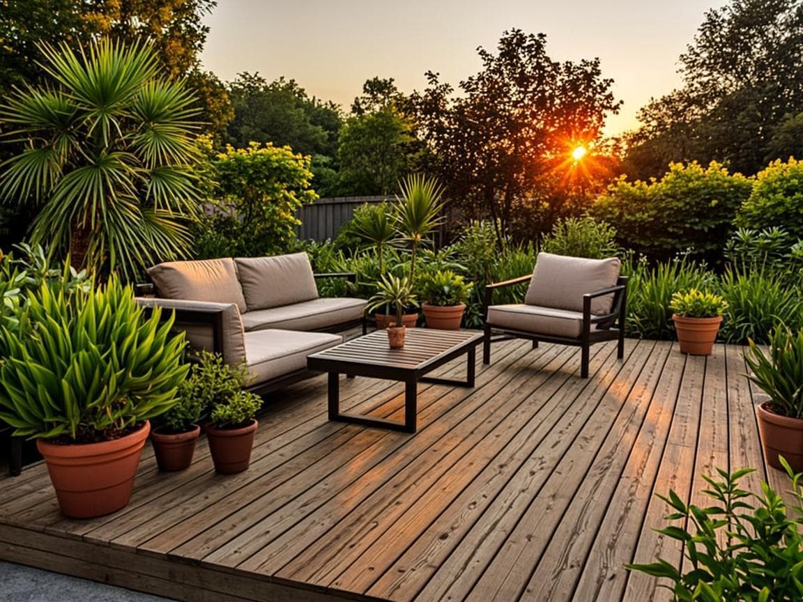 Newly built wooden garden deck at sunset