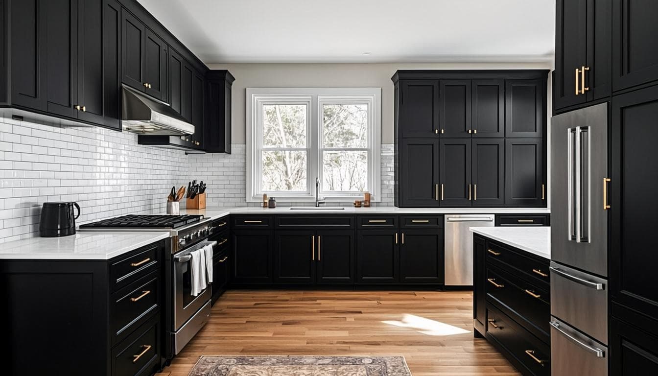 The same kitchen fully renovated with modern black cabinets, quartz countertops and new appliances