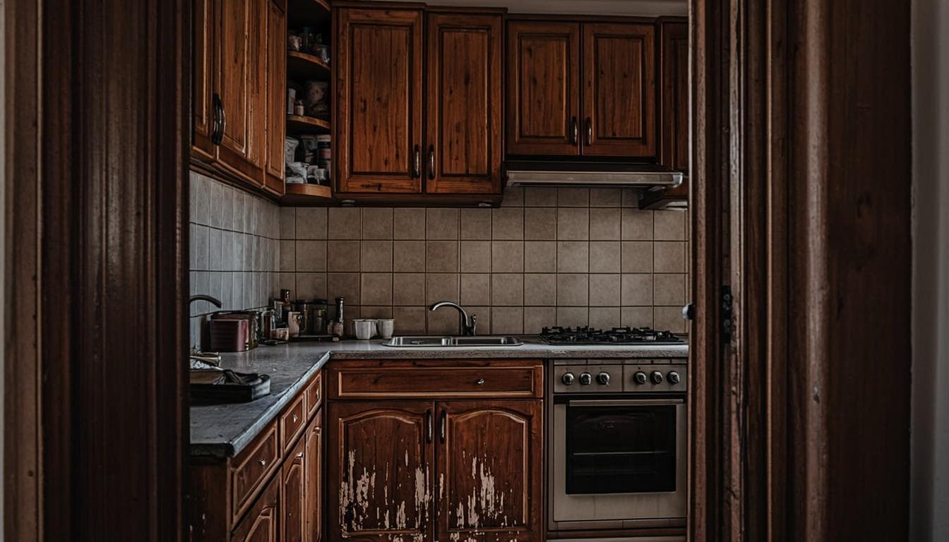 Dated 1990s kitchen with worn oak cabinets and cracked tiles before renovation