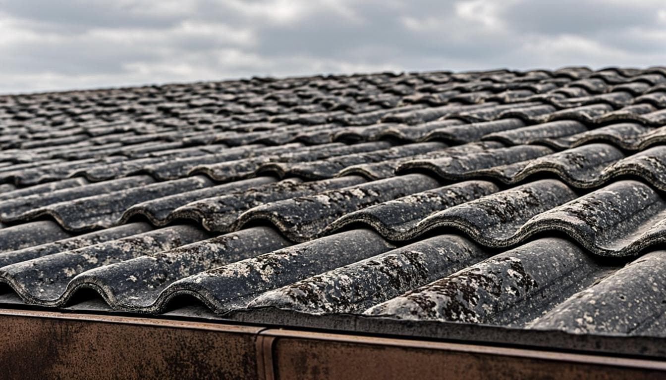 Damaged roof with broken tiles, moss and water stains before repair